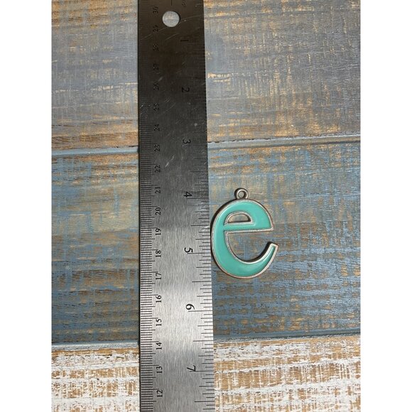 Turquoise "E" Monogram Pendant Keychain Charm Metal & Enamel Jewelry - Picture 2 of 3